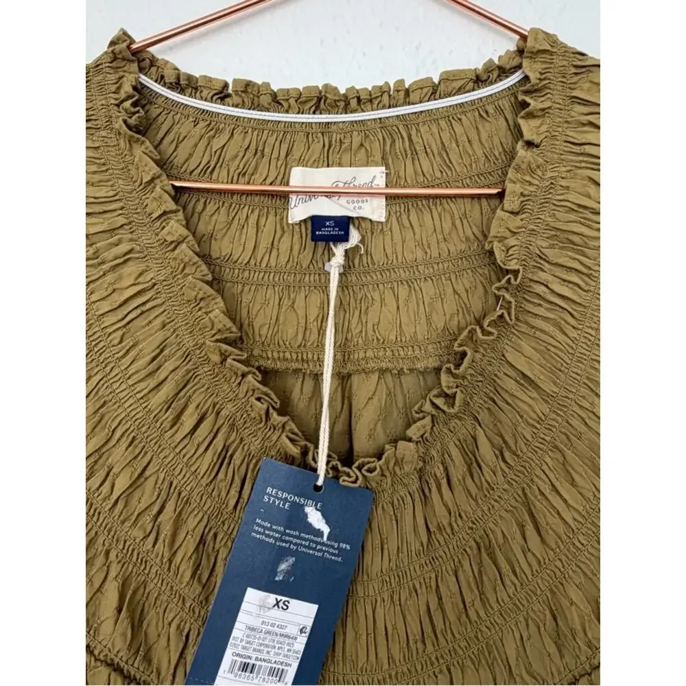 Universal Thread Olive Smocked Yoke Blouse XS new with tag